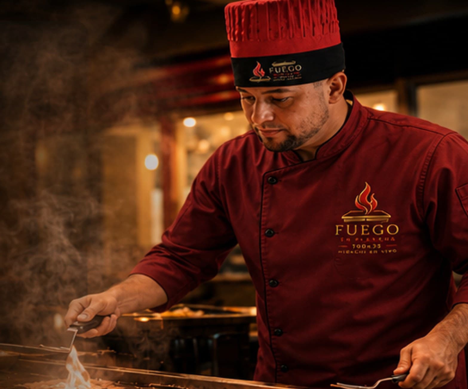 Hibachi chef cooking with flames on a teppanyaki grill at a home in Puerto Rico